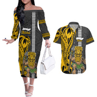 Custom Hawaii Molokai Island Couples Matching Off The Shoulder Long Sleeve Dress and Hawaiian Shirt Hawaiian Warrior and Kakau Symbols Abstract Tattoo LT03 Yellow - Polynesian Pride