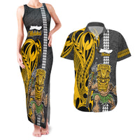 Custom Hawaii Molokai Island Couples Matching Tank Maxi Dress and Hawaiian Shirt Hawaiian Warrior and Kakau Symbols Abstract Tattoo LT03 Yellow - Polynesian Pride