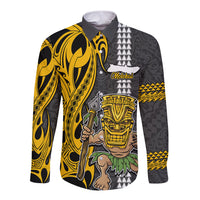 Custom Hawaii Molokai Island Long Sleeve Button Shirt Hawaiian Warrior and Kakau Symbols Abstract Tattoo LT03 Unisex Yellow - Polynesian Pride