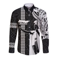 Hawaii Molokai Island Long Sleeve Button Shirt Hawaiian King and Kakau Symbols Abstract Shoulder Tattoo LT03 Unisex Black - Polynesian Pride