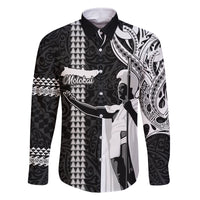 Custom Hawaii Molokai Island Family Matching Off Shoulder Long Sleeve Dress and Hawaiian Shirt Hawaiian King and Kakau Symbols Abstract Shoulder Tattoo LT03 Dad's Shirt - Long Sleeve Black - Polynesian Pride