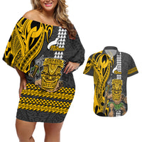 Hawaii Niihau Island Couples Matching Off Shoulder Short Dress and Hawaiian Shirt Hawaiian Warrior and Kakau Symbols Abstract Tattoo LT03 Yellow - Polynesian Pride