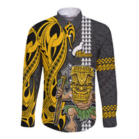Hawaii Niihau Island Long Sleeve Button Shirt Hawaiian Warrior and Kakau Symbols Abstract Tattoo LT03 Unisex Yellow - Polynesian Pride
