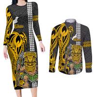 Custom Hawaii Niihau Island Couples Matching Long Sleeve Bodycon Dress and Long Sleeve Button Shirts Hawaiian Warrior and Kakau Symbols Abstract Tattoo LT03 Yellow - Polynesian Pride