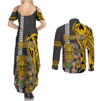 Custom Hawaii Niihau Island Couples Matching Summer Maxi Dress and Long Sleeve Button Shirts Hawaiian Warrior and Kakau Symbols Abstract Tattoo LT03 - Polynesian Pride