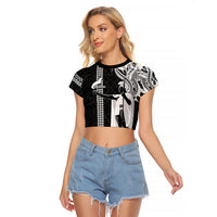 Hawaii Niihau Island Raglan Cropped T Shirt Hawaiian King and Kakau Symbols Abstract Shoulder Tattoo LT03 Female Black - Polynesian Pride