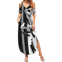 Custom Hawaii Niihau Island Family Matching Summer Maxi Dress and Hawaiian Shirt Hawaiian King and Kakau Symbols Abstract Shoulder Tattoo LT03 Mom's Dress Black - Polynesian Pride