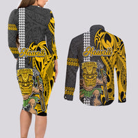 Hawaii Oahu Island Couples Matching Long Sleeve Bodycon Dress and Long Sleeve Button Shirts Hawaiian Warrior and Kakau Symbols Abstract Tattoo LT03 - Polynesian Pride