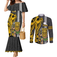 Hawaii Oahu Island Couples Matching Mermaid Dress and Long Sleeve Button Shirts Hawaiian Warrior and Kakau Symbols Abstract Tattoo LT03 Yellow - Polynesian Pride