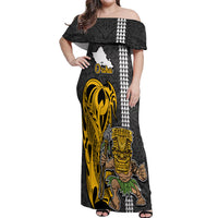 Hawaii Oahu Island Off Shoulder Maxi Dress Hawaiian Warrior and Kakau Symbols Abstract Tattoo LT03 Women Yellow - Polynesian Pride