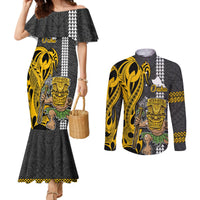 Custom Hawaii Oahu Island Couples Matching Mermaid Dress and Long Sleeve Button Shirts Hawaiian Warrior and Kakau Symbols Abstract Tattoo LT03 Yellow - Polynesian Pride