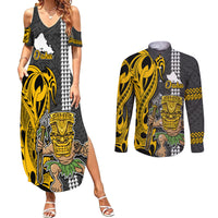 Custom Hawaii Oahu Island Couples Matching Summer Maxi Dress and Long Sleeve Button Shirts Hawaiian Warrior and Kakau Symbols Abstract Tattoo LT03 Yellow - Polynesian Pride