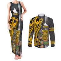 Custom Hawaii Oahu Island Couples Matching Tank Maxi Dress and Long Sleeve Button Shirts Hawaiian Warrior and Kakau Symbols Abstract Tattoo LT03 Yellow - Polynesian Pride