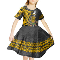 Custom Hawaii Oahu Island Kid Short Sleeve Dress Hawaiian Warrior and Kakau Symbols Abstract Tattoo LT03 - Polynesian Pride