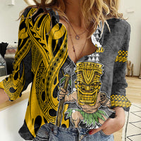 Custom Hawaii Oahu Island Women Casual Shirt Hawaiian Warrior and Kakau Symbols Abstract Tattoo LT03 Female Yellow - Polynesian Pride