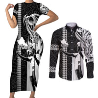 Custom Hawaii Oahu Island Couples Matching Short Sleeve Bodycon Dress and Long Sleeve Button Shirts Hawaiian King and Kakau Symbols Abstract Shoulder Tattoo LT03 Black - Polynesian Pride