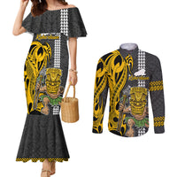 Hawaii Kahoolawe Island Couples Matching Mermaid Dress and Long Sleeve Button Shirts Hawaiian Warrior and Kakau Symbols Abstract Tattoo LT03 Yellow - Polynesian Pride