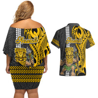 Hawaii Kahoolawe Island Couples Matching Off Shoulder Short Dress and Hawaiian Shirt Hawaiian Warrior and Kakau Symbols Abstract Tattoo LT03 - Polynesian Pride