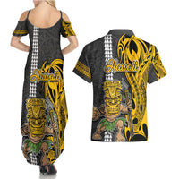 Hawaii Kahoolawe Island Couples Matching Summer Maxi Dress and Hawaiian Shirt Hawaiian Warrior and Kakau Symbols Abstract Tattoo LT03 - Polynesian Pride
