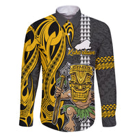 Hawaii Kahoolawe Island Family Matching Off Shoulder Maxi Dress and Hawaiian Shirt Hawaiian Warrior and Kakau Symbols Abstract Tattoo LT03 Dad's Shirt - Long Sleeve Yellow - Polynesian Pride