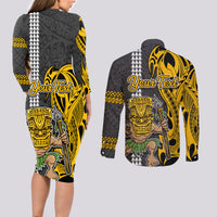 Custom Hawaii Kahoolawe Island Couples Matching Long Sleeve Bodycon Dress and Long Sleeve Button Shirts Hawaiian Warrior and Kakau Symbols Abstract Tattoo LT03 - Polynesian Pride