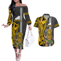 Custom Hawaii Kahoolawe Island Couples Matching Off The Shoulder Long Sleeve Dress and Hawaiian Shirt Hawaiian Warrior and Kakau Symbols Abstract Tattoo LT03 Yellow - Polynesian Pride
