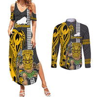 Custom Hawaii Kahoolawe Island Couples Matching Summer Maxi Dress and Long Sleeve Button Shirts Hawaiian Warrior and Kakau Symbols Abstract Tattoo LT03 Yellow - Polynesian Pride