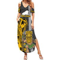 Custom Hawaii Kahoolawe Island Family Matching Summer Maxi Dress and Hawaiian Shirt Hawaiian Warrior and Kakau Symbols Abstract Tattoo LT03 Mom's Dress Yellow - Polynesian Pride