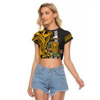 Custom Hawaii Kahoolawe Island Raglan Cropped T Shirt Hawaiian Warrior and Kakau Symbols Abstract Tattoo LT03 Female Yellow - Polynesian Pride