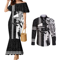 Hawaii Kahoolawe Island Couples Matching Mermaid Dress and Long Sleeve Button Shirts Hawaiian King and Kakau Symbols Abstract Shoulder Tattoo LT03 Black - Polynesian Pride