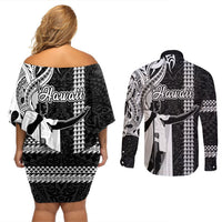 Hawaii Kahoolawe Island Couples Matching Off Shoulder Short Dress and Long Sleeve Button Shirts Hawaiian King and Kakau Symbols Abstract Shoulder Tattoo LT03 - Polynesian Pride