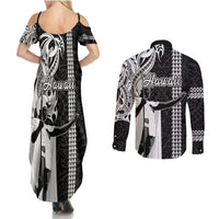 Hawaii Kahoolawe Island Couples Matching Summer Maxi Dress and Long Sleeve Button Shirts Hawaiian King and Kakau Symbols Abstract Shoulder Tattoo LT03 - Polynesian Pride