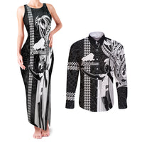 Hawaii Kahoolawe Island Couples Matching Tank Maxi Dress and Long Sleeve Button Shirts Hawaiian King and Kakau Symbols Abstract Shoulder Tattoo LT03 Black - Polynesian Pride