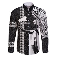 Hawaii Kahoolawe Island Family Matching Mermaid Dress and Hawaiian Shirt Hawaiian King and Kakau Symbols Abstract Shoulder Tattoo LT03 Dad's Shirt - Long Sleeve Black - Polynesian Pride