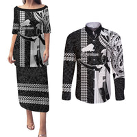 Custom Hawaii Kahoolawe Island Couples Matching Puletasi Dress and Long Sleeve Button Shirts Hawaiian King and Kakau Symbols Abstract Shoulder Tattoo LT03 Black - Polynesian Pride