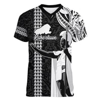 Custom Hawaii Kahoolawe Island Women V Neck T Shirt Hawaiian King and Kakau Symbols Abstract Shoulder Tattoo LT03 Female Black - Polynesian Pride