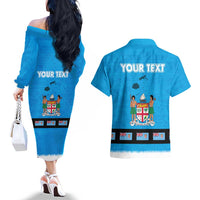 Fiji Merry Christmas Couples Matching Off The Shoulder Long Sleeve Dress and Hawaiian Shirt Santa Suit Style With Tapa Tribal Pattern