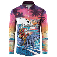 Hawaiian Mele Kalikimaka Button Sweatshirt Santa Claus Driving The Whale with Sunset Ocean Landscape LT03 Blue - Polynesian Pride