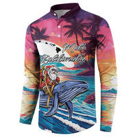 Hawaiian Mele Kalikimaka Button Sweatshirt Santa Claus Driving The Whale with Sunset Ocean Landscape LT03 - Polynesian Pride