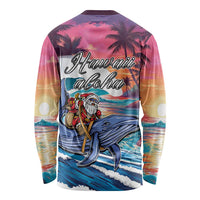 Hawaiian Mele Kalikimaka Long Sleeve Shirt Santa Claus Driving The Whale with Sunset Ocean Landscape