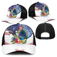 Guam and United States Together Baseball Net Cap Bald Eagle and Guam Seal with Flower and Tribal Tattoos - Polynesian Pride
