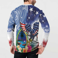 Guam and United States Together Button Sweatshirt Bald Eagle and Guam Seal with Flower and Tribal Tattoos LT03 - Polynesian Pride