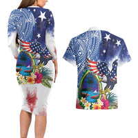 Guam and United States Together Couples Matching Long Sleeve Bodycon Dress and Hawaiian Shirt Bald Eagle and Guam Seal with Flower and Tribal Tattoos - Polynesian Pride