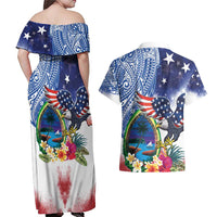 Guam and United States Together Couples Matching Off Shoulder Maxi Dress and Hawaiian Shirt Bald Eagle and Guam Seal with Flower and Tribal Tattoos - Polynesian Pride