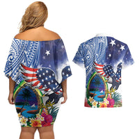 Guam and United States Together Couples Matching Off Shoulder Short Dress and Hawaiian Shirt Bald Eagle and Guam Seal with Flower and Tribal Tattoos - Polynesian Pride