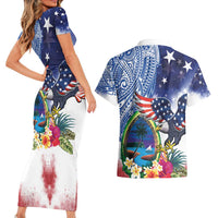Guam and United States Together Couples Matching Short Sleeve Bodycon Dress and Hawaiian Shirt Bald Eagle and Guam Seal with Flower and Tribal Tattoos - Polynesian Pride