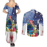 Guam and United States Together Couples Matching Summer Maxi Dress and Long Sleeve Button Shirt Bald Eagle and Guam Seal with Flower and Tribal Tattoos - Polynesian Pride