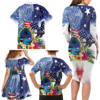 Guam and United States Together Family Matching Long Sleeve Bodycon Dress and Hawaiian Shirt Bald Eagle and Guam Seal with Flower and Tribal Tattoos - Polynesian Pride