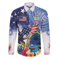 Guam and United States Together Family Matching Long Sleeve Bodycon Dress and Hawaiian Shirt Bald Eagle and Guam Seal with Flower and Tribal Tattoos - Polynesian Pride