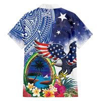 Guam and United States Together Family Matching Off The Shoulder Long Sleeve Dress and Hawaiian Shirt Bald Eagle and Guam Seal with Flower and Tribal Tattoos - Polynesian Pride